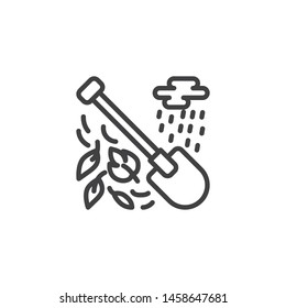 Autumn season, gardening line icon. linear style sign for mobile concept and web design. Cloud rain shovel and leaves outline vector icon. Symbol, logo illustration. Vector graphics