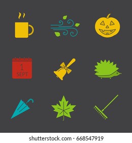Autumn season glyph color icon set. Hot drink mug, pumpkin, wind blowing, school bell, hedgehog, umbrella, maple leaf. Silhouette symbols on black backgrounds. Negative space. Vector illustrations