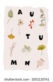 Сute autumn season greeting card or postcard with florals, leaves, botanical illustrations, birds and other fall elements. Chic boho style prints. Logo, branding, web, printable art etc