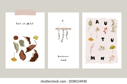 Сute autumn season greeting cards or postcards with florals, leaves, botanical illustrations, birds and other fall elements. Chic boho style prints. Logo, branding, web, printable art etc