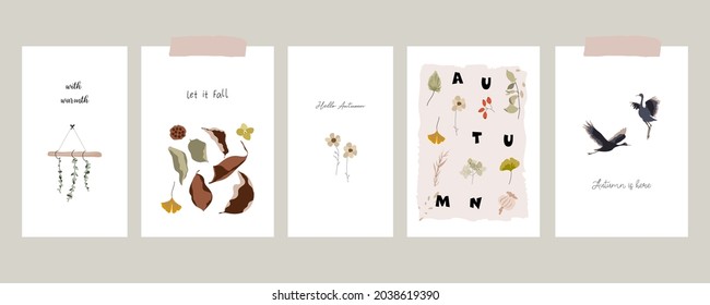 Сute autumn season greeting cards or postcards with florals, leaves, botanical illustrations, birds and other fall elements. Chic boho style prints. Logo, branding, web, printable art etc