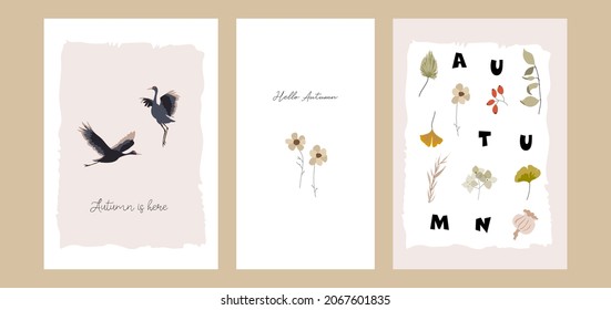 Сute autumn season greeting cards or postcards with florals, leaves, botanical illustrations, birds and other fall elements. Chic boho style prints. Logo, branding, web, printable art etc