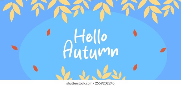 Autumn season greeting with fall leaves, plants and minimalist horizontal blue background for poster, invitation, card, flyer, cover, banner, social media, sale, advertising. Vector illustration