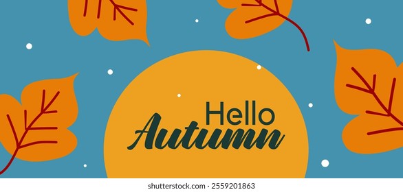 Autumn season greeting with maple fall leaves, minimalist design on blue horizontal background for poster, invitation, card, flyer, cover, banner, social media, sale, advertising. Vector illustration