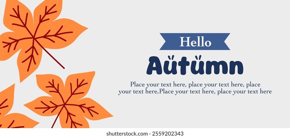 Autumn season greeting with maple fall leaves, plants, minimalist white horizontal background for poster, invitation, card, flyer, cover, banner, social media, sale, advertising. Vector illustration