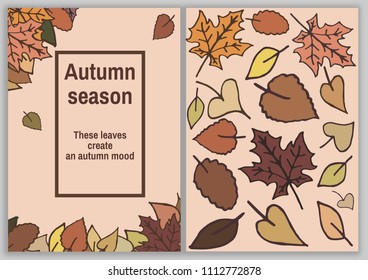 Autumn season. Hand drawn image with leaves in fall colors. Card for prints, flyers, banners,invitations, special offer and more. Vector illustration template.