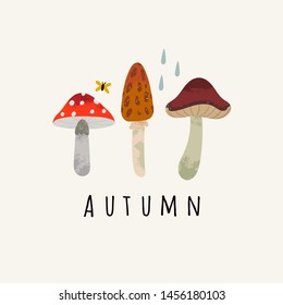 Autumn season. Hand drawn various mushrooms. Colored trendy vector illustration. Flat design. Stamp texture. Greeting card