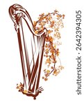 autumn season hand drawn vector design for outdoors classical music concert with antique harp musical instrument among falling leaves and tree branches