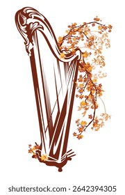 autumn season hand drawn vector design for outdoors classical music concert with antique harp musical instrument among falling leaves and tree branches