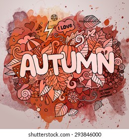 Autumn season hand lettering and doodles elements and symbols emblem. Vector watercolor stains background