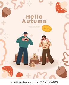 Autumn season. Happy family with autumn leaves and acorns. Vector illustration.