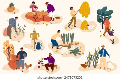 Autumn season harvest gathering flat vector illustration. Farmers working in field, stacking hay. Fruits and vegetables crop collecting. 