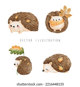 Autumn season, hedgehog with wooden sign, vector illustration