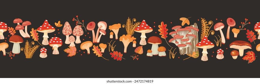 Autumn season horizontal border with mushrooms and foliage.Cartoon seamless pattern with wild plants on dark background.Vector design with forest harvest.Banner with colorful fungus,twig and fern.