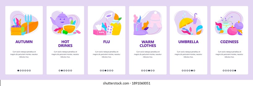 Autumn season, hot drinks, flu, warm clothes, umbrella, cozy home. Mobile app onboarding screens. Vector banner template for website and mobile development. Web site design illustration.