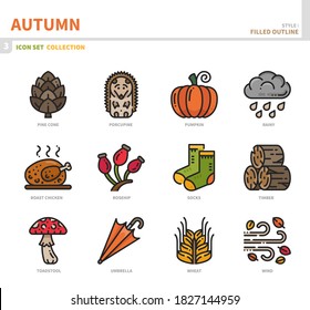 autumn season icon set,filled outline style,vector and illustration