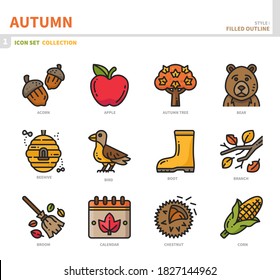 autumn season icon set,filled outline style,vector and illustration