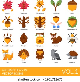 Autumn Season Icons Including Maple, Falling, Two Leaves, Acorn, Leafless Tree, Chestnut In Husk, Roasted, Pinecone, Honeycomb, Squirrel, Bee, Fox, Turkey, Owl, Crow, Hedgehog.