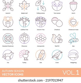 Autumn Season Icons Including Maple, Falling, Two Leaves, Acorn, Leafless Tree, Chestnut In Husk, Roasted, Pinecone, Honeycomb, Squirrel, Bee, Fox, Turkey, Owl, Crow, Hedgehog.