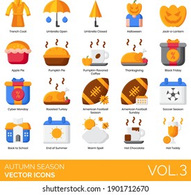 Autumn season icons including trench coat, umbrella open, closed, halloween, jack o lantern, apple pie, pumpkin flavored coffee, thanksgiving, black friday, cyber monday, roasted turkey, hot toddy.