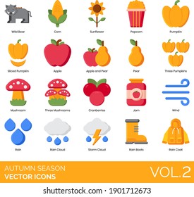 Autumn season icons including wild boar, corn, sunflower, popcorn, sliced pumpkin, apple, pear, three mushroom, cranberries, jam, wind, storm cloud, rain boots, raincoat.