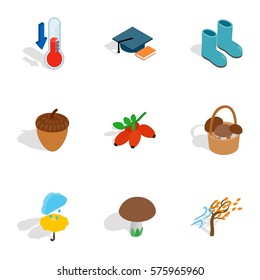 Autumn season icons set. Isometric 3d illustration of 9 autumn season vector icons for web