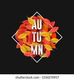 Autumn season illustration, colorful orange and yellow dry leaves with seasonal text quote on black background. Fall event or holiday nature design.