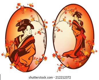 Autumn season japanese geisha - beautiful woman wearing traditional kimono among maple tree foliage