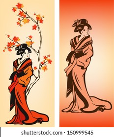 Autumn season japanese geisha colorful vector decorative elements