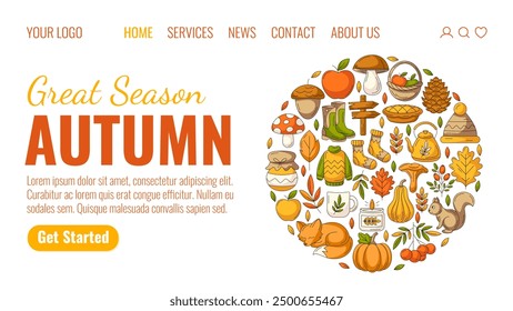 Autumn season, landing page vector template. Colorful round design from cozy seasonal fall elements, food, clothes and animals. For website, web, online, banner, advertising, promotion