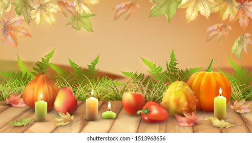 Autumn season landscape. Autumn background with pumpkins, candles and fallen leaves
