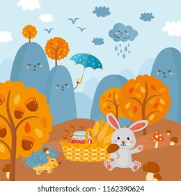 Autumn season landscape. Beautiful childish illustration. Mountains, forest, squirrel. Happy Thanksgiving! Fall greeting card.