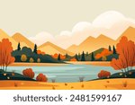 Autumn season landscape. Vector illustration of an autumn landscape with beautiful trees, forest, lake and nature on a background of mountains and hills. Autumn landscape in a simple style for design.