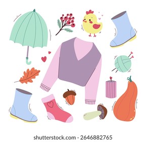 Época de outono. Folhas, bolotas, suéter, abóboras, vela. Coleção de elementos de queda para scrapbooking. Estilo desenhado à mão.