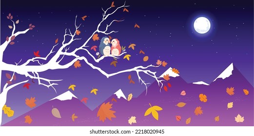 Autumn season leaves falling down from a tree, a beautiful view of the night, pair of parrots on a tree, love birds, colorful background, vector stock image, a big moon