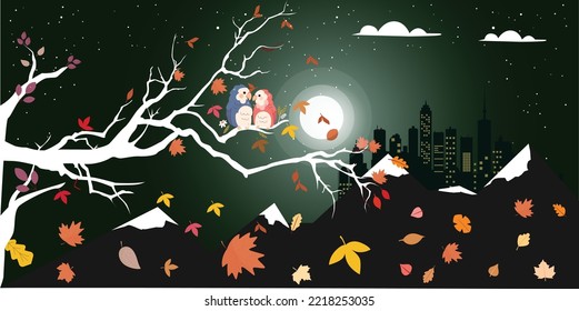 Autumn season leaves falling down from a tree, a beautiful view of the night, pair of colorful parrots on a tree, love birds, a vector stock image, a big moon, and clouds in the background