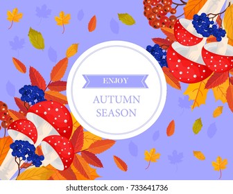 Autumn season leaves and mushrooms card Vector background illustration decor