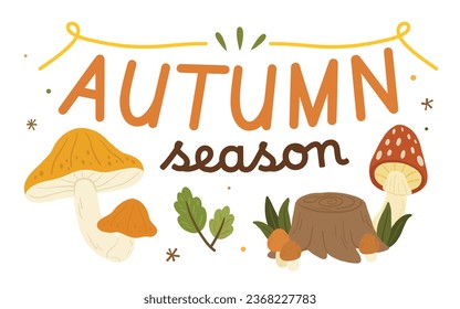 Autumn season lettering with leaves, log and mushrooms. Cozy seasonal concept. Hand drawn cartoon style vector illustration isolated on white background.