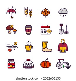 Autumn season line art icons. Rainy weather, foliage fall, harvest and warm sweater. Pixel perfect, editable stroke