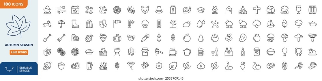 Autumn season Line Editable Icons set. Collection of fall related objects, plants and animals, holidays, celebrations.