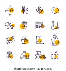 Autumn season line icons. Rainy weather, foliage fall, harvest and warm sweater. Pixel perfect, editable stroke