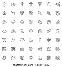 Autumn season line icons set. linear style symbols collection, outline signs pack. vector graphics. Set includes icons as Mushroom, leaf, rain, clouds, wind, sweater, coat, boot, umbrella, calendar