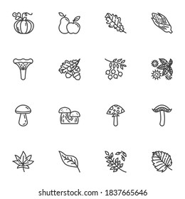 Autumn season line icons set, outline vector symbol collection, linear style pictogram pack. Signs logo illustration. Set includes icons as pumpkin vegetable, apple fruit, mushrooms, tree leaves, corn