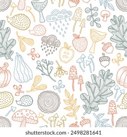 Autumn season line seamless pattern with mushrooms, hedgehog,pumpkin and fall leaves.Cute background with wild plants and cute animal.Vector