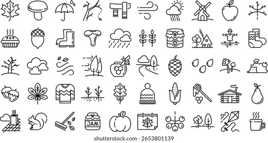 Autumn season linear icon set with leaves, food, weather, animals and nature. Vector