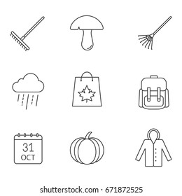 Autumn season linear icons set. Rake, mushroom, rainy cloud, backpack, October 31 calendar, pumpkin, raincoat, autumn shopping. Thin line contour symbols. Isolated vector outline illustrations