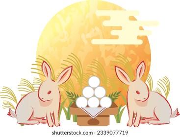 Autumn season material. Full moon and rabbit. Japanese moon viewing festival.
