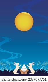 Autumn season material. Full moon and rabbit. Japanese moon viewing festival.
