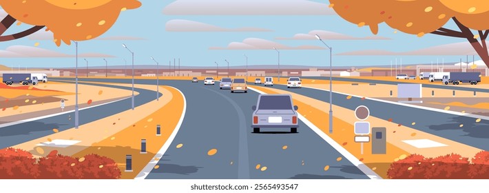 Autumn season modern highway roads infrastructure with vehicles traffic perspective view. Atmosphere progressive city. Simple vector illustration