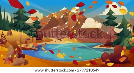 Autumn season mountain landscape. Vector cartoon autumnal period scenery with pine trees and bushes, lake and snowy mountains and hills, fluffy clouds and stones. Natural panorama with flying leaves